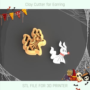 May include: Two 3D printed clay cutters for earrings, one shaped like a ghost and the other shaped like a reindeer. The cutters are orange and white.