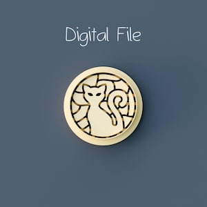 May include: A circular cream-colored emblem featuring a stylized cat silhouette centered within a geometric grid pattern. Above the emblem, the text Digital File is displayed in a simple white sans-serif font against a solid dark blue background.