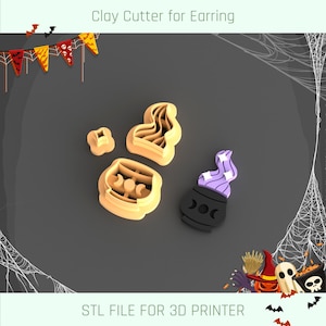 May include: A set of four 3D printed clay cutters for making Halloween earrings. The cutters are shaped like a cauldron, a witch's hat, and two stars. The cutters are made of a light brown plastic and are designed to be used with polymer clay.