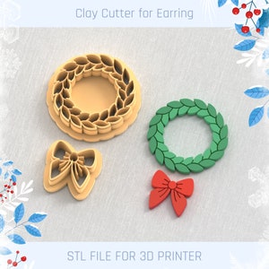 Puede incluir: Cortadores de arcilla para pendientes con forma de corona y lazo. Los cortadores son de color beige, verde y rojo. Se muestra el texto "Clay Cutter for Earring" y "STL FILE FOR 3D PRINTER".