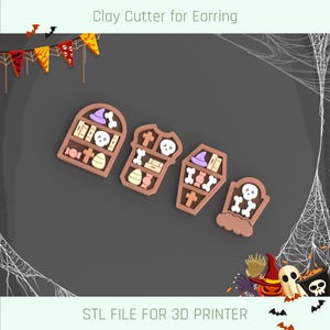 May include: Four 3D printed Halloween-themed clay cutter designs: a bookshelf, a coffin, a tombstone, and a smaller coffin. The cutters are brown and feature various Halloween icons like skulls, bones, and a witch's hat. STL FILE FOR 3D PRINTER.