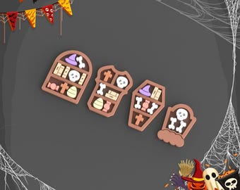 May include: Four 3D printed Halloween-themed clay cutter designs: a bookshelf, a coffin, a tombstone, and a smaller coffin. The cutters are brown and feature various Halloween icons like skulls, bones, and a witch's hat. STL FILE FOR 3D PRINTER.