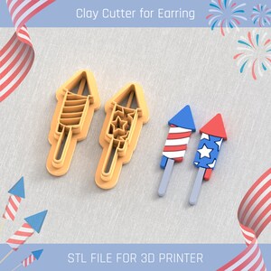May include: Two 3D printed cookie cutters shaped like fireworks with red, white, and blue designs.  The cutters are on a beige fabric background.  STL FILE FOR 3D PRINTER.
