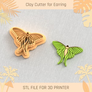May include: A 3D printed clay cutter for earrings in the shape of a green and yellow butterfly. The cutter is designed to be used with polymer clay to create earrings. STL FILE FOR 3D PRINTER.