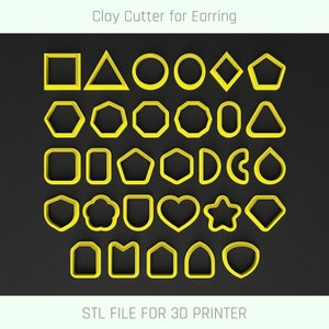 Puede incluir: Un conjunto de 25 cortadores de arcilla amarillos para pendientes, en varias formas, incluyendo círculos, cuadrados, triángulos, corazones, estrellas y mucho más. Archivo STL para impresora 3D.