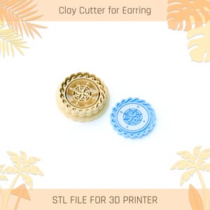 Può includere: Due taglia pasta in argilla per orecchini. Uno è beige, l'altro blu. Entrambi hanno un design a bussola al centro e un bordo ondulato. Il testo in alto dice "Clay Cutter for Earring" e il testo in basso "STL FILE FOR 3D PRINTER".