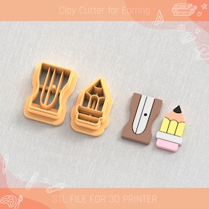 May include: Set of four 3D printed clay cutters shaped like a pencil, pencil sharpener, and a ruler. The cutters are made for making earrings.