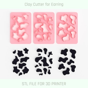 May include: Three pink plastic molds with a variety of abstract shapes for making clay earrings. The molds are arranged in a row. Below the molds are three black 3D printed shapes that match the molds. The text "STL FILE FOR 3D PRINTER" is printed below the shapes.