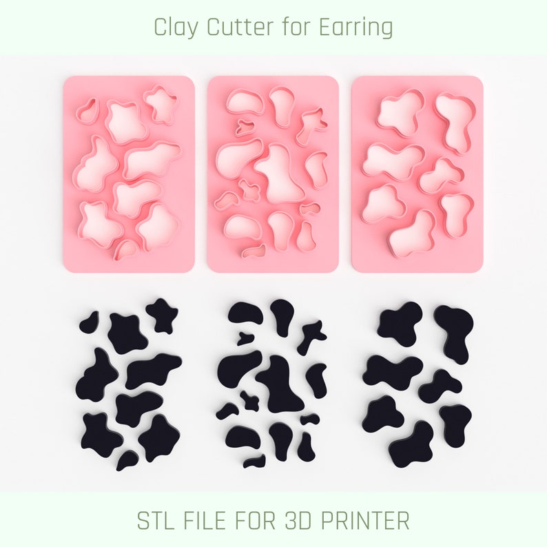 Op de afbeelding: Drie roze plastic mallen met een verscheidenheid aan abstracte vormen voor het maken van kleioorbellen. De mallen zijn in een rij gerangschikt. Onder de mallen bevinden zich drie zwarte 3D-geprinte vormen die overeenkomen met de mallen. De tekst "STL FILE FOR 3D PRINTER" is onder de vormen gedrukt.