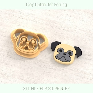 May include: Two 3D printed pug dog clay cutters for earrings. The cutters are beige and grey. The text "Clay Cutter for Earring" and "STL FILE FOR 3D PRINTER" are visible in the image.