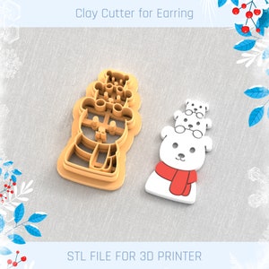 May include: Two 3D printed cookie cutters for making clay earrings. One cutter is a stack of three polar bears wearing a red scarf. The other cutter is a single polar bear wearing a scarf and a hat.