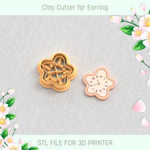 Puede incluir: Dos cortadores de arcilla para pendientes. Uno es una forma de estrella multicapa de color naranja claro. El otro es un diseño de reloj en forma de estrella con un borde naranja claro y una esfera de color crema. El texto "Clay Cutter for Earring" y "STL FILE FOR 3D PRINTER" son visibles.