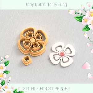 Puede incluir: Cortadores de arcilla para pendientes con diseño floral. Los cortadores son de color naranja claro, con forma cuadrada y de flor. También se muestra una flor blanca con centro rosa. Se muestra el texto "Clay Cutter for Earring" y "STL FILE FOR 3D PRINTER".