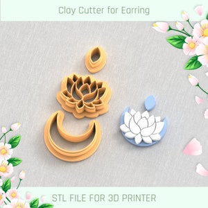 Moon Lotus Earring A Clay Cutter, Spring Clay Cutters, 5 Sizes, STL Earring, Digital STL File