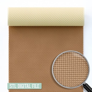 Puede incluir: Una tela de tejido de gofre texturizado marrón y beige. La tela está enrollada y una lupa muestra un primer plano del tejido. STL DIGITAL FILE.