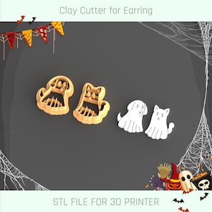 Könnte beinhalten: Ton-Ausstecher für Ohrringe in Form von Geistern, einem Hund und einer Katze. Die Ausstecher sind hellbraun, mit dem Geist, dem Hund und der Katze in Weiß. Das Bild enthält Halloween-Dekorationen und den Text "Clay Cutter for Earring".