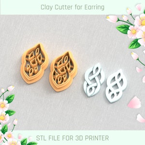 Peut inclure: Deux emporte-pièces en plastique marron pour boucles d'oreilles avec un motif géométrique. Deux emporte-pièces en plastique blanc avec le même motif sont présentés à côté. FICHIER STL POUR IMPRIMANTE 3D.