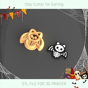 May include: Two 3D printed clay cutters shaped like bats with skeleton designs. The cutters are for making Halloween-themed earrings. STL file for 3D printer.