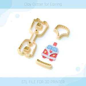 May include: Clay cutters for earrings in the shape of a camper van and other shapes. The cutters are beige and the camper van is red, white, and blue. The text "Clay Cutter for Earring" and "STL FILE FOR 3D PRINTER" are visible.