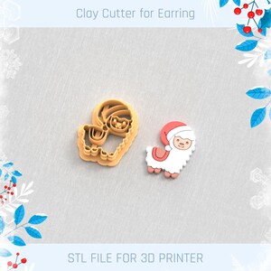 May include: A clay cutter for earrings and a finished earring in the shape of a llama wearing a Santa hat. The cutter is tan, and the earring is white, red, and tan. The text "Clay Cutter for Earring" and "STL FILE FOR 3D PRINTER" are visible.