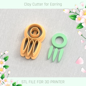May include: Two 3D printed clay cutters for earrings. The cutter on the left is a light brown color and features a circle with a smaller circle inside, and three teardrop shapes below. The cutter on the right is a light green color and features a circle with three teardrop shapes below. The text "STL FILE FOR 3D PRINTER" is at the bottom of the image.
