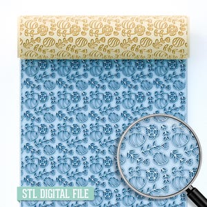 May include: A rolling pin with a floral and striped pattern, alongside a blue surface with the same embossed design. The rolling pin is a light tan colour, and the surface has the text "STL DIGITAL FILE".