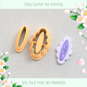 May include: Clay cutter for earrings, featuring a detailed oval shape with a smaller oval inside. The cutter is made for 3D printing and is shown next to a sample earring.