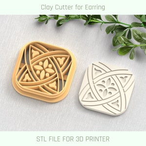 May include: A 3D printed clay cutter for earrings, featuring a square design with an intricate geometric pattern. The cutter is shown in two views, one with a light brown finish and the other in white. The text "STL FILE FOR 3D PRINTER" is displayed below the image.