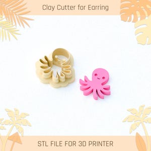 May include: A 3D printed clay cutter shaped like an octopus, with a pink octopus cutout next to it. The text "Clay Cutter for Earring" and "STL FILE FOR 3D PRINTER" are visible in the image.
