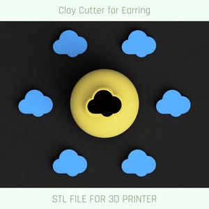 Puede incluir: Un cortador de arcilla amarillo para pendientes con un recorte en forma de nube. El cortador está rodeado de seis piezas en forma de nube azul. ARCHIVO STL PARA IMPRESORA 3D.
