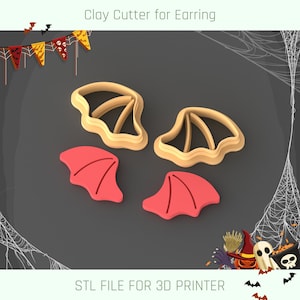 Puede incluir: Dos cortadores de galletas impresos en 3D con forma de alas de murciélago. Los cortadores son de color marrón claro y se muestran sobre un fondo gris oscuro. El texto "STL FILE FOR 3D PRINTER" está en la parte inferior de la imagen.