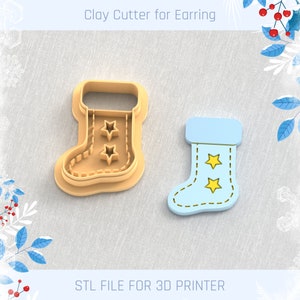 May include: A 3D printed clay cutter for earrings in the shape of a Christmas stocking with stars. STL FILE FOR 3D PRINTER.