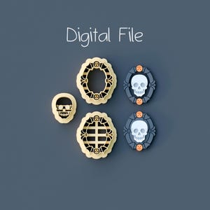 May include: A digital file featuring five cookie cutters and their corresponding designs. The set includes a skull shape, two oval frames with bat and pumpkin motifs, and two finished skull designs inside dark blue oval frames with orange accents.