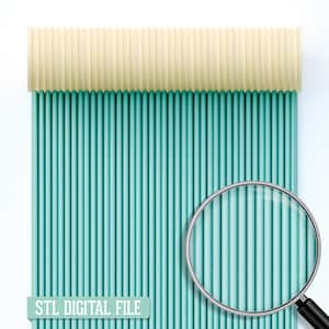 May include: An abstract design with vertical teal lines and a cream-coloured, corrugated top section. The text "STL DIGITAL FILE" is on a label. A magnifying glass is in the foreground, enhancing the details.