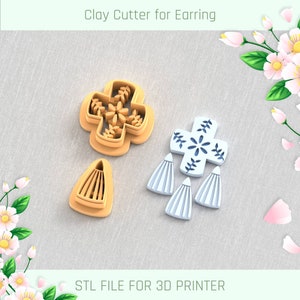 Puede incluir: Imagen de cortadores de arcilla para pendientes. La imagen muestra un cortador en forma de cruz con detalles florales, un cortador en forma de abanico y un diseño de pendiente en forma de cruz con patrones florales azules y flecos blancos. El texto dice "Clay Cutter for Earring" y "STL FILE FOR 3D PRINTER".