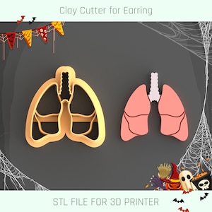 Puede incluir: Un archivo STL imprimible en 3D para un cortador de arcilla con forma de pulmones. El cortador es naranja y los pulmones son rosas. El texto "Clay Cutter for Earring" y "STL FILE FOR 3D PRINTER" es visible en la imagen.