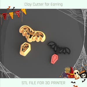 May include: Two 3D printed clay cutters for earrings. One cutter is shaped like a bat with a red gem, the other is a coffin. STL FILE FOR 3D PRINTER.