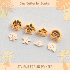 Op de afbeelding: Set van acht 3D-geprinte klei-uitstekers voor oorbellen, met schelp- en bloemontwerpen. STL-bestand voor 3D-printer.