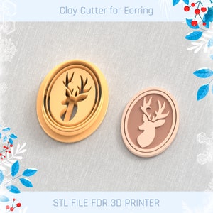 May include: Two 3D printed clay cutters shaped like a deer head, one with antlers and one without. The cutters are made for making earrings. STL FILE FOR 3D PRINTER.