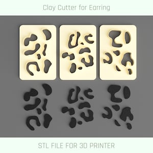 Op de afbeelding: Drie beigekleurige plastic klei-uitstekers met een luipaardprint. De uitstekers zijn in een rij gerangschikt. De tekst in de afbeelding luidt "Clay Cutter for Earring" en "STL FILE FOR 3D PRINTER".