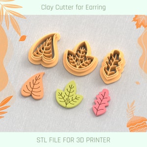 Puede incluir: Conjunto de seis cortadores de arcilla en forma de hoja para pendientes, impresos en 3D. Los cortadores son de varios tonos de naranja, amarillo, verde y rosa. El texto "STL FILE FOR 3D PRINTER" está en la parte inferior de la imagen.