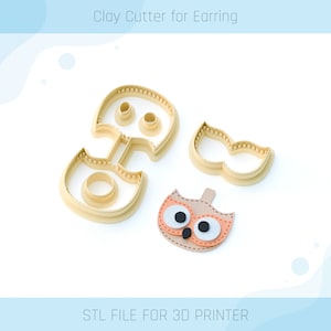 May include: Three 3D printed clay cutters for earrings, shaped like an owl, a bow tie, and a pair of circles. The cutters are beige and the owl has orange eyes and a beak. "STL FILE FOR 3D PRINTER" is written below the cutters.