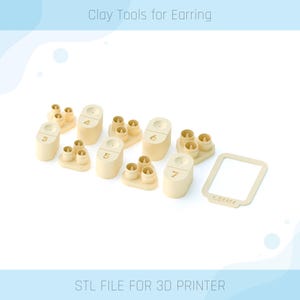 Peut inclure: Un ensemble de sept outils en plastique beige pour la fabrication de boucles d'oreilles en argile. Les outils sont numérotés de 1 à 7 et ont des trous de différentes tailles pour créer différentes formes de boucles d'oreilles. L'ensemble comprend également un cadre carré de 1,5 mm pour créer des dos de boucles d'oreilles. FICHIER STL POUR IMPRIMANTE 3D.