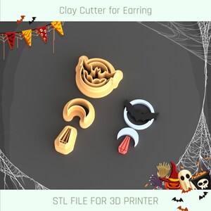 May include: A set of three 3D printed clay cutters for making Halloween earrings. The cutters are shaped like bats and moons. The cutters are designed to be used with polymer clay.