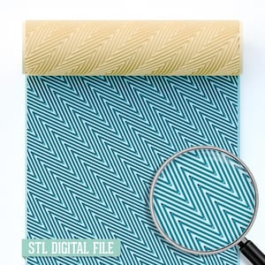 May include: A beige textured roller with a chevron pattern is positioned above a teal surface with a matching chevron design. A magnifying glass reveals a close-up of the pattern. The text "STL DIGITAL FILE" is at the bottom.