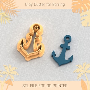 May include: A 3D printed clay cutter in the shape of an anchor. The cutter is made of beige plastic and is designed for making earrings. The image also shows a blue anchor earring made with the cutter. The text "STL FILE FOR 3D PRINTER" is at the bottom of the image.