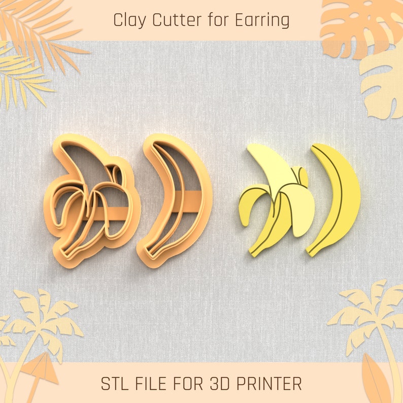 May include: A set of three 3D printed clay cutters shaped like bananas. The cutters are designed for making earrings. The STL file is included for 3D printing.