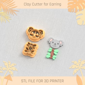 May include: Three 3D printed cookie cutters for making koala-themed cookies. The cutters are brown and feature a koala face, a koala body, and a eucalyptus branch.