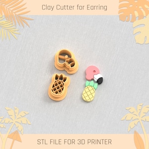 May include: Three 3D printed clay cutters for earrings. The cutters are shaped like a pineapple, a flamingo, and a pineapple slice. The cutters are orange, pink, green, and yellow. STL FILE FOR 3D PRINTER.