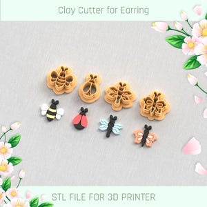 May include: Set of seven 3D printed clay cutters for earrings, featuring a bee, ladybug, dragonfly, butterfly, and three flower designs. STL FILE FOR 3D PRINTER.